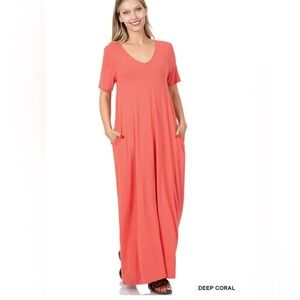 Zenana - Relaxed Fit V-Neck Short Sleeve Maxi w/ Side Pockets - coral - L - NWOT